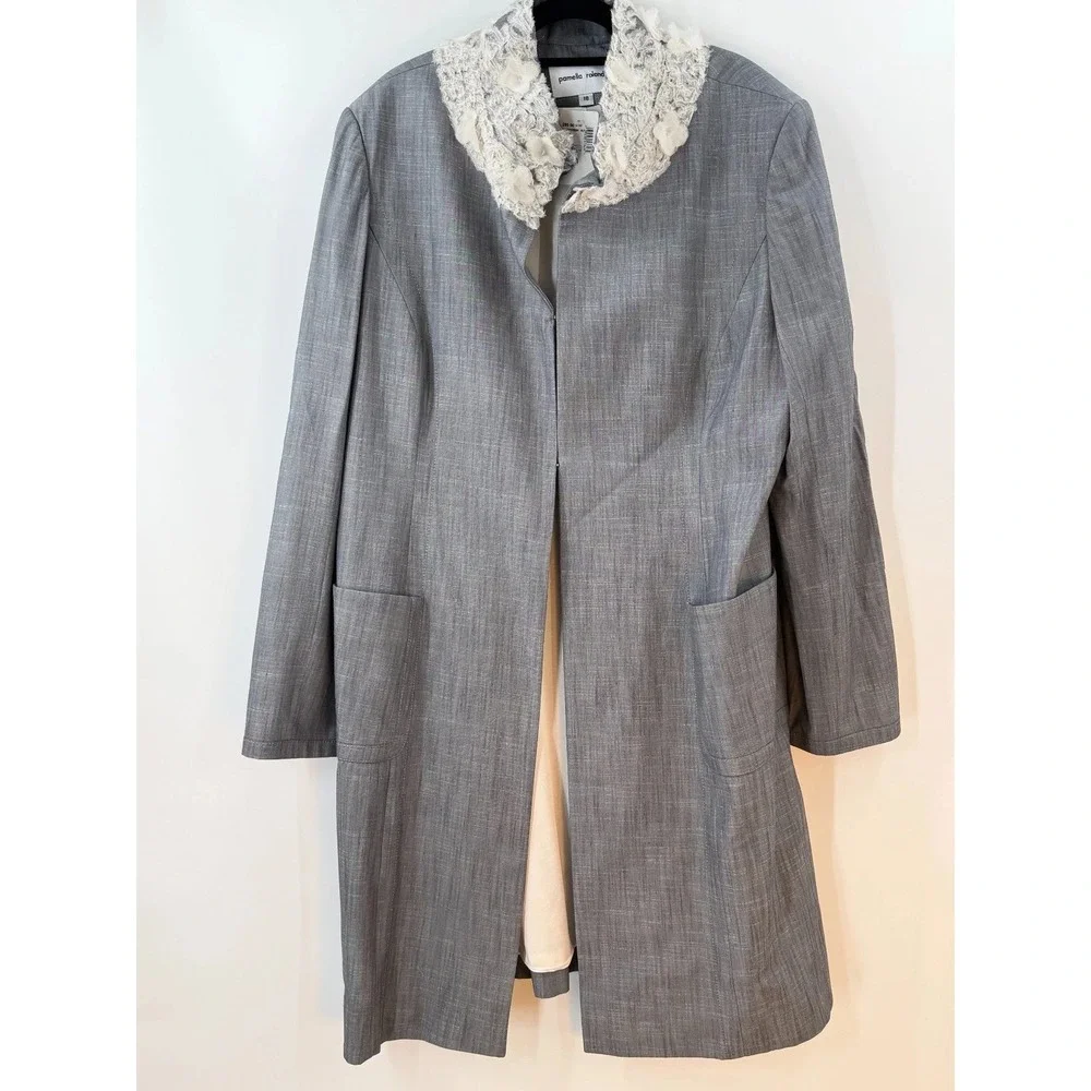 Pamella Roland 2 Pc Dress Coat Set Womens 18 Gray Luxe Floral Lace Trim Evening